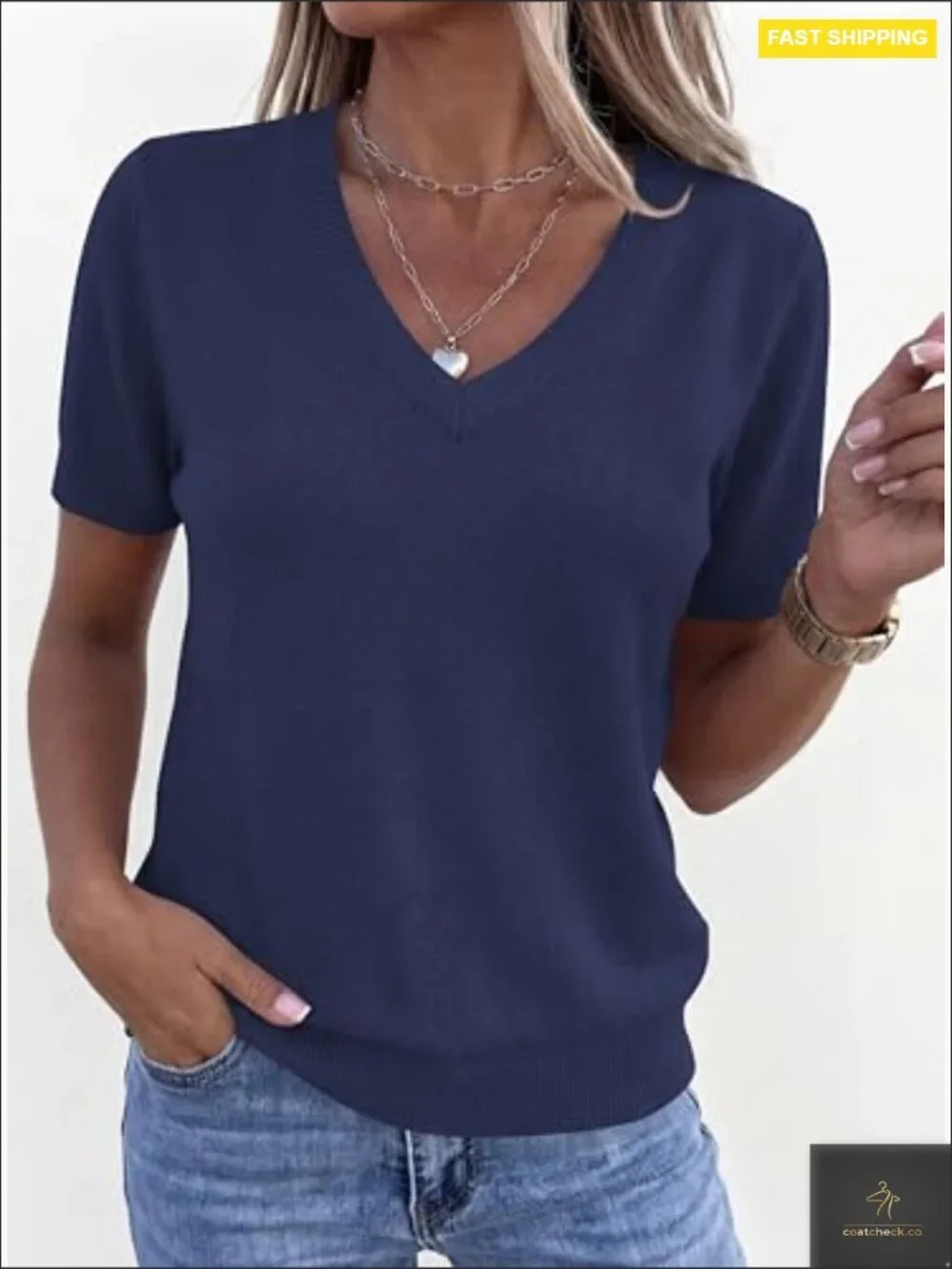 V Neck Short Sleeve Pullover Sweater Lightweight Business Casual Knit Top_2
